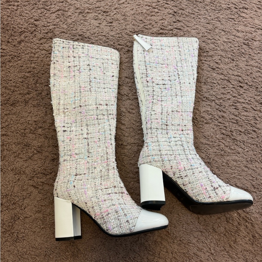 White Tweed Boucle Handmade Boots Pink Blue Knee High Size 35 5 NEW - Picture 1 of 8